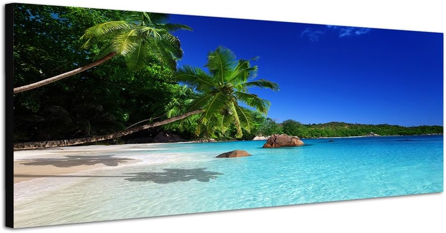 Panoramabild auf Leinwand und Keilrahmen 150x50cm Seychellen Strand Meer Palmen