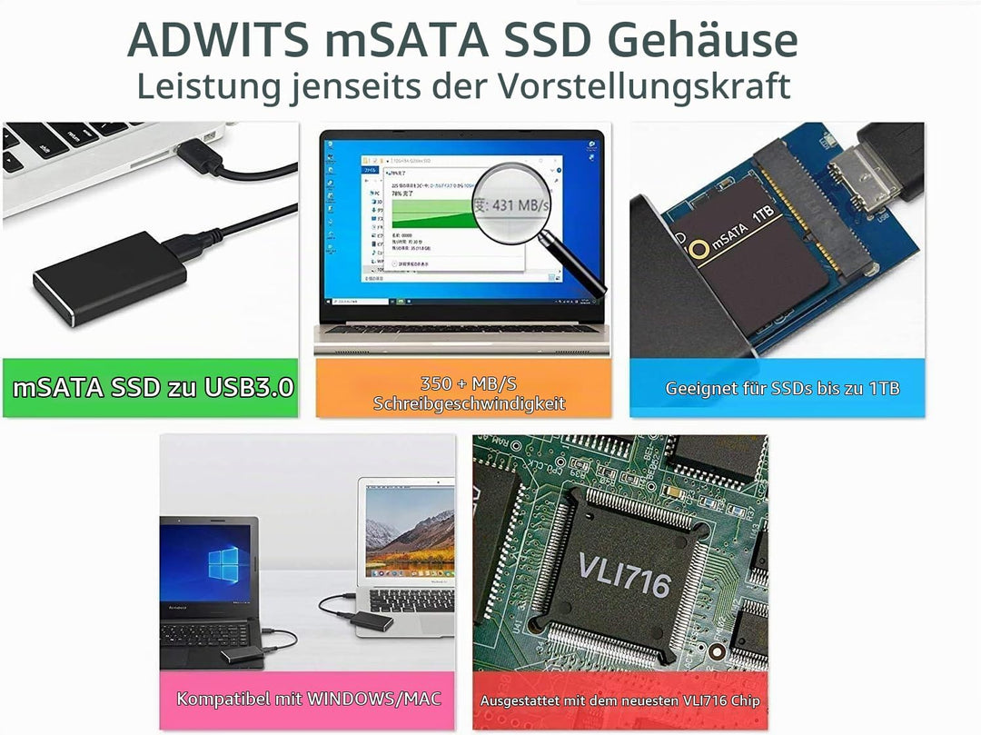USB 3.0 UASP zu mSATA 3030/3050 SSD SuperSpeed Adapter, Aluminium Externe Festplatte Gehäuse für Sam