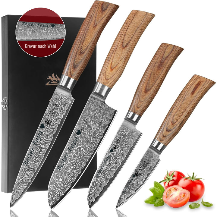 Wakoli EDIB Pro Damastmesser Set mit Gravur – Personalisiertes 4er Messerset, 17cm, 16cm, 11cm & 8cm