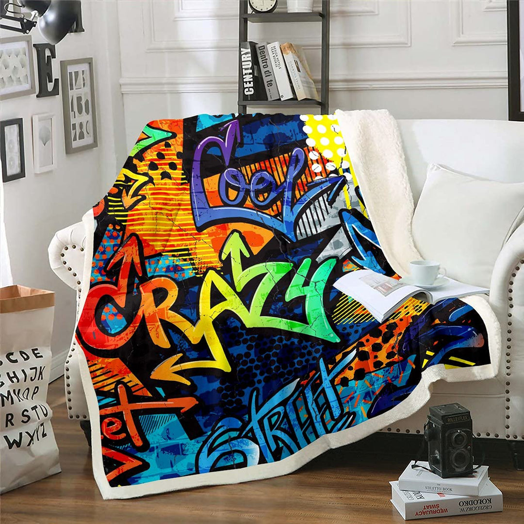 Graffiti Decke werfen Hip Hop Sherpa Decke Bunte Strassenkultur Hippie Fleece Decke für Kinder Teen