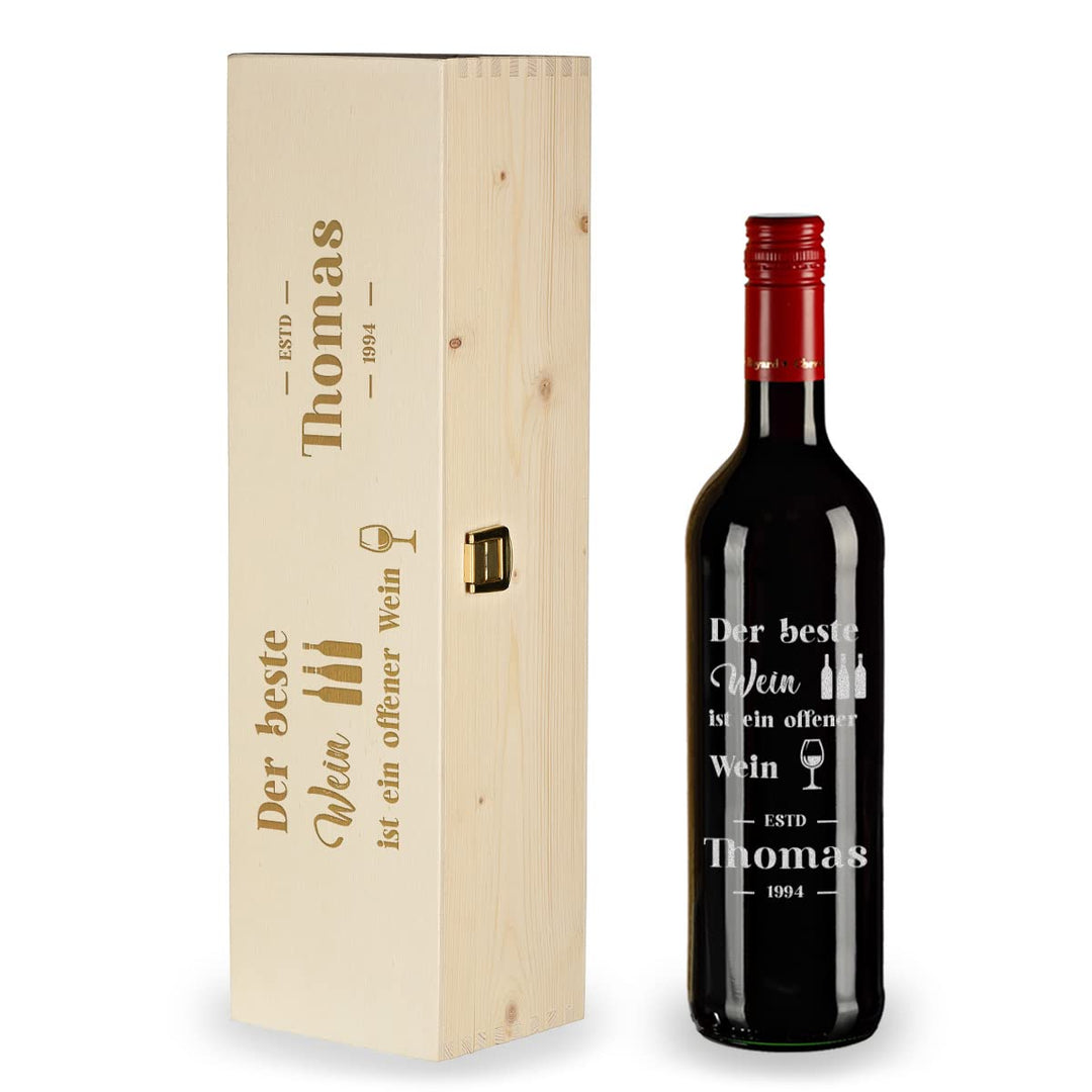 polar-effekt 2-TLG Geschenk Weinset - personalisierte Holzkiste und 700 ml Weinflasche mit Wunschgra