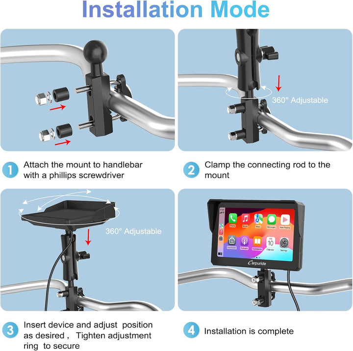 Carpuride W702 Motorrad GPS Carplay Bildschirm, Kabelloses CarPlay und Android Auto, Tragbarer 7 Zol
