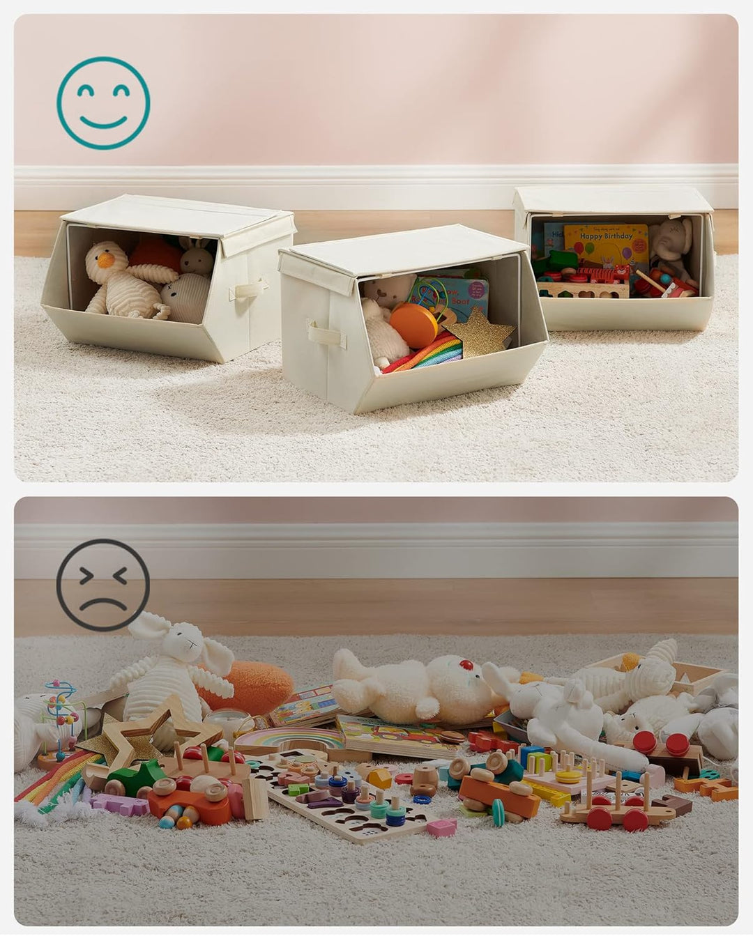SONGMICS Aufbewahrungsbox Kinder, 3er Set, Faltboxen, Spielzeugkiste mit Deckel, 38 x 35 x 25 cm, fü