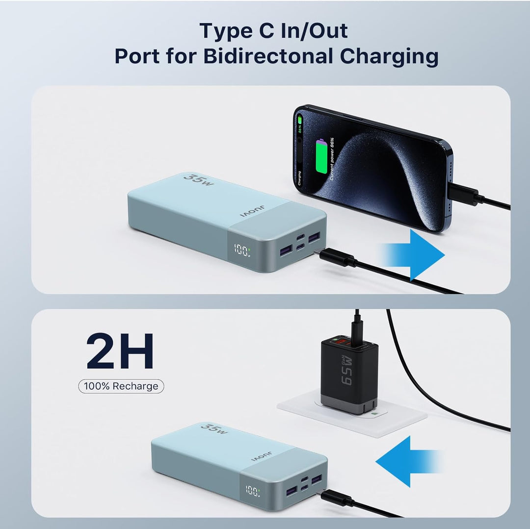 JUOVI J2651 Power Bank, 35W 20000mAh USB C In &amp; Out Power Bank, Akku-Pack mit QC3.0+PD3.0 35W High-S
