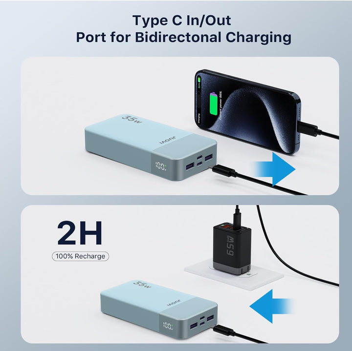 JUOVI J2651 Power Bank, 35W 20000mAh USB C In &amp; Out Power Bank, Akku-Pack mit QC3.0+PD3.0 35W High-S