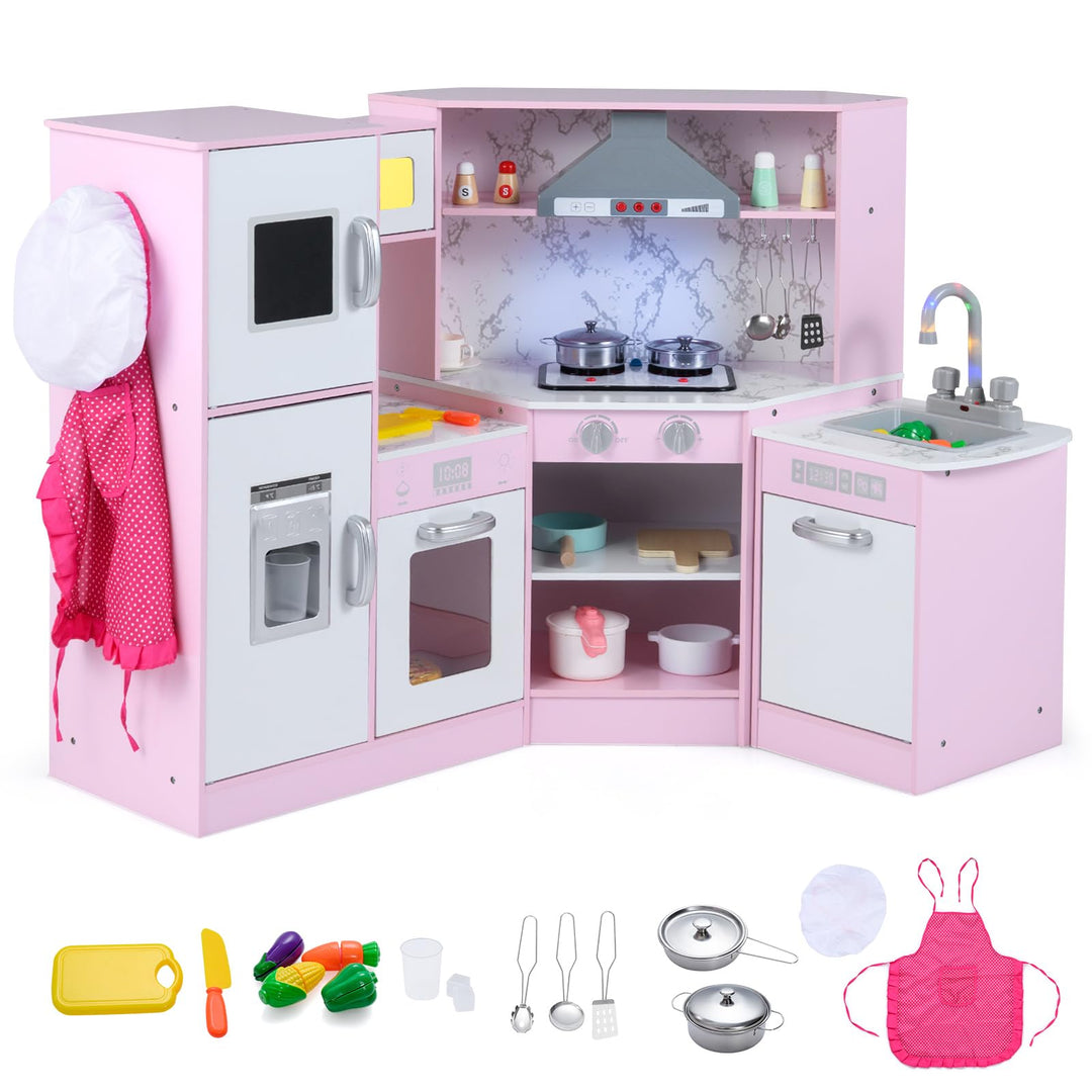 DREAMADE Kinderküche aus Holz mit 16 TLG. Spielzubehör, Kinder Küche Eckküche mit Tafel Herd Spüle B