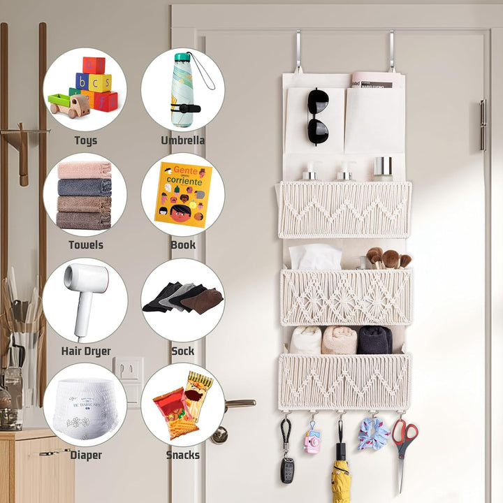 Hängeorganizer mit 3 Taschen, Boho Makramee Wand Organizer mit Haken, Hängende Aufbewahrung aus Baum