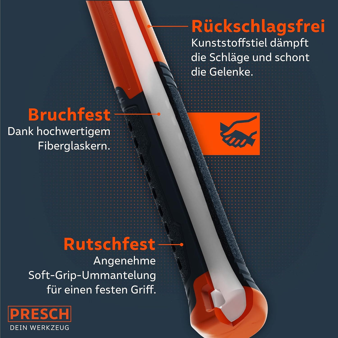 Presch Gummihammer Schwarz 450g - Hartgummihammer mit Fiberglasstiel | ⌀=55mm - Schwarzer Naturkauts