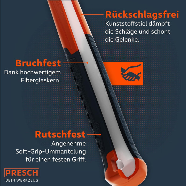 Presch Gummihammer Schwarz 450g - Hartgummihammer mit Fiberglasstiel | ⌀=55mm - Schwarzer Naturkauts