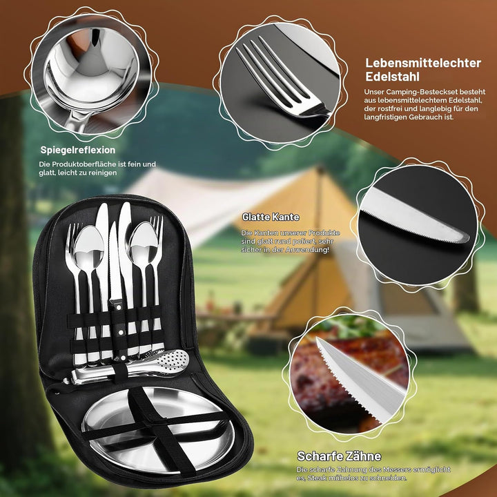 Camping Geschirr Set 2 Personen, 10 Stück Tragbars Campingbesteck Set aus Edelstahl mit einer Tasche