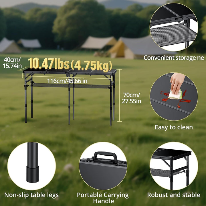 Anbte 4-Fach Campingtisch Klappbar 116x40cm, 3 Höhenverstellbar 26/48/70cm 116x40x70cm, 116x40x70cm
