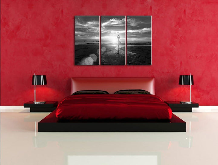 Pixxprint Yoga Silhouette am Strand als Leinwandbild/Grösse: 3 Teilig (120x80 cm) cm/Wandbild/Kunstd