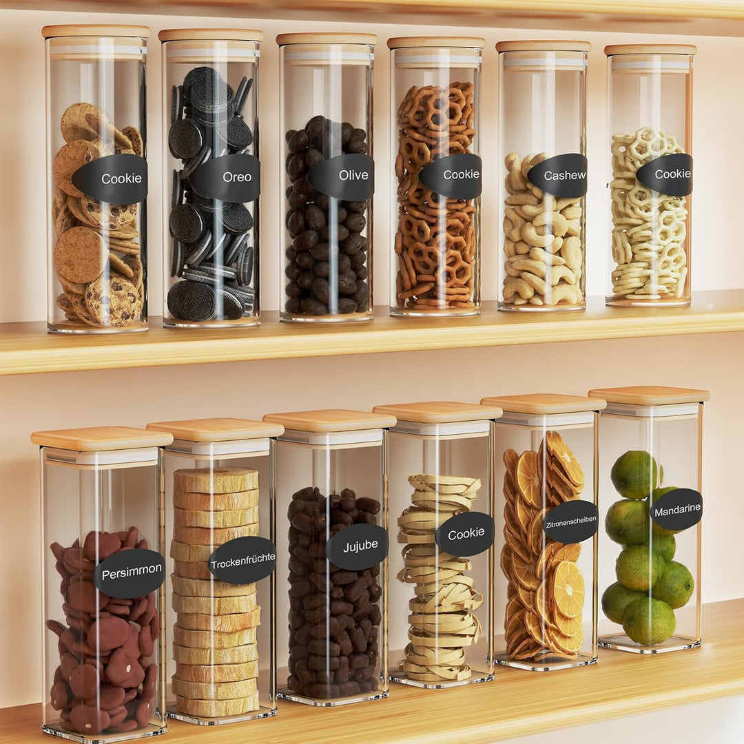 FINEW Gewürzgläser Set Eckig-12 x 500ml, Hochwertig Gewürzdosen Glasbehälter mit Bambusdeckel Stapel
