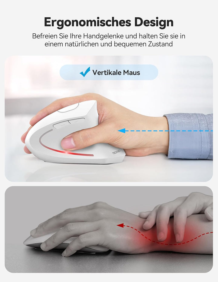 TECKNET Ergonomische Bluetooth Maus, Wiederaufladbar Kabellose Vertikale Maus (BT 5.0/3.0 + 2.4G), 6