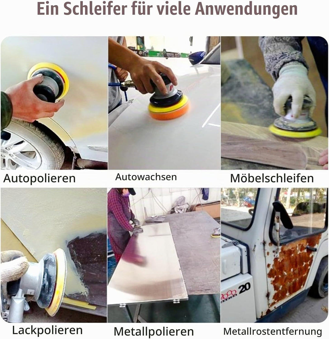 Exzenterschleifer Druckluft 125mm, Mini Polierer Professional Schleifmaschine Set, 10000 U/min (Silb