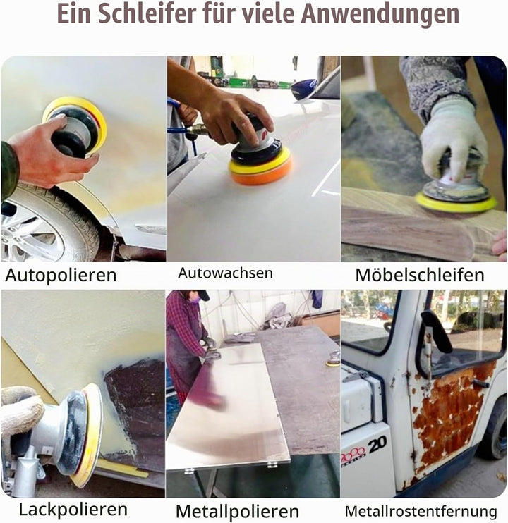 Exzenterschleifer Druckluft 125mm, Mini Polierer Professional Schleifmaschine Set, 10000 U/min (Silb
