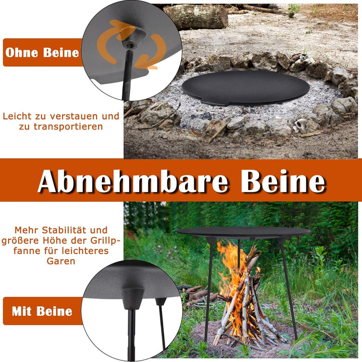 UISEBRT Gusseisen Grillpfanne Ø 45 cm, Runde Grillplatte mit 3 Beinen, Eingebrannt für perfektes Bra