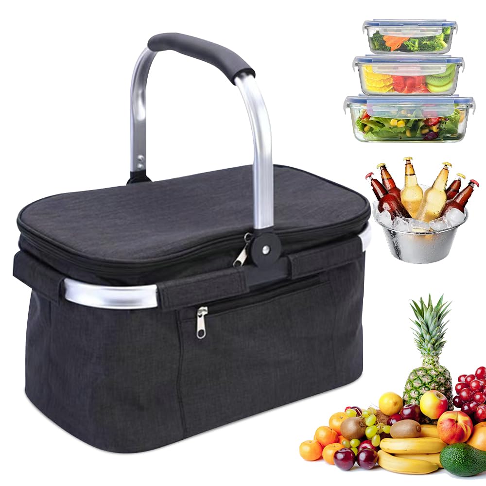 32L Einkaufskorb Kühltasche, Kühlkorb Faltbar, Picknickkorb Gross, Leicht klappbar & kompakt, Mit Gr