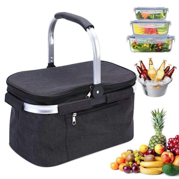 32L Einkaufskorb Kühltasche, Kühlkorb Faltbar, Picknickkorb Gross, Leicht klappbar & kompakt, Mit Gr