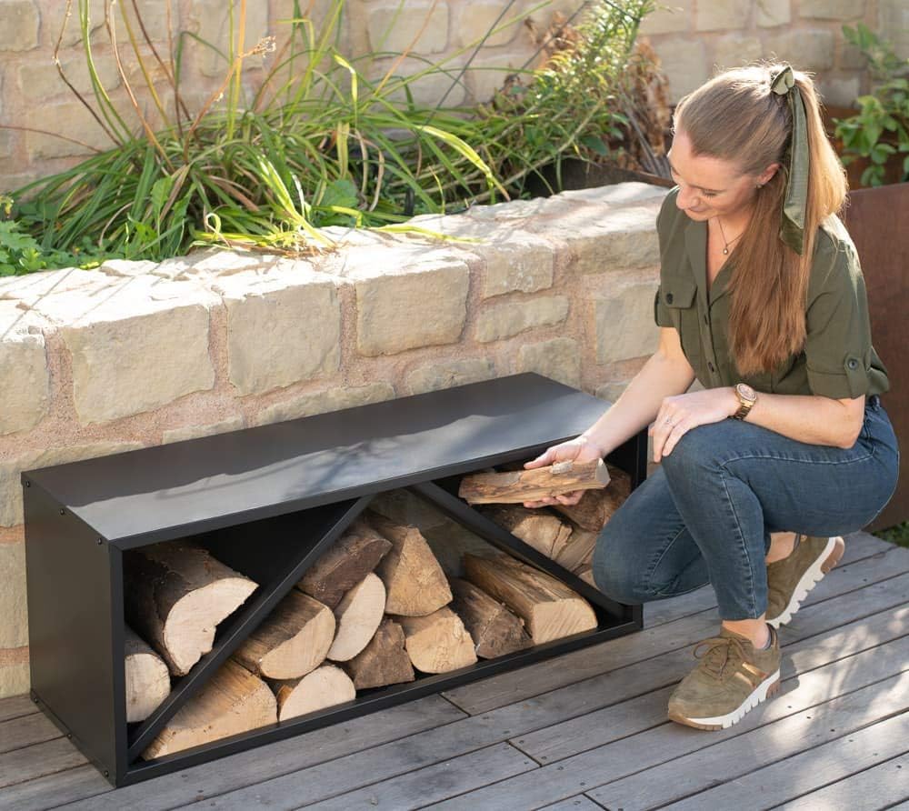 WESTMANN Kaminholzregal aus Stahl | 104x34x40 cm Schwarz | Feuerholzregal für den Innen- & Aussenber