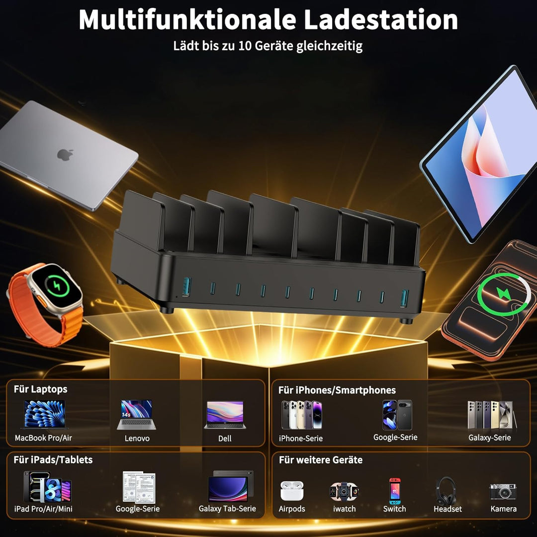 420W Ladestation Mehrere Geräte USB C Charging Station, GaN PD3.0 10 Anschlüsse Handy Ladestation De