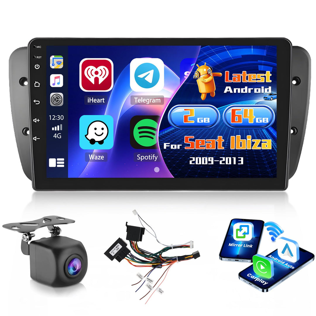 Android 15 Radio für Seat Ibiza 2009-2013 2+64G mit Wireless CarPlay Android Auto, 9 Zoll Bildschirm