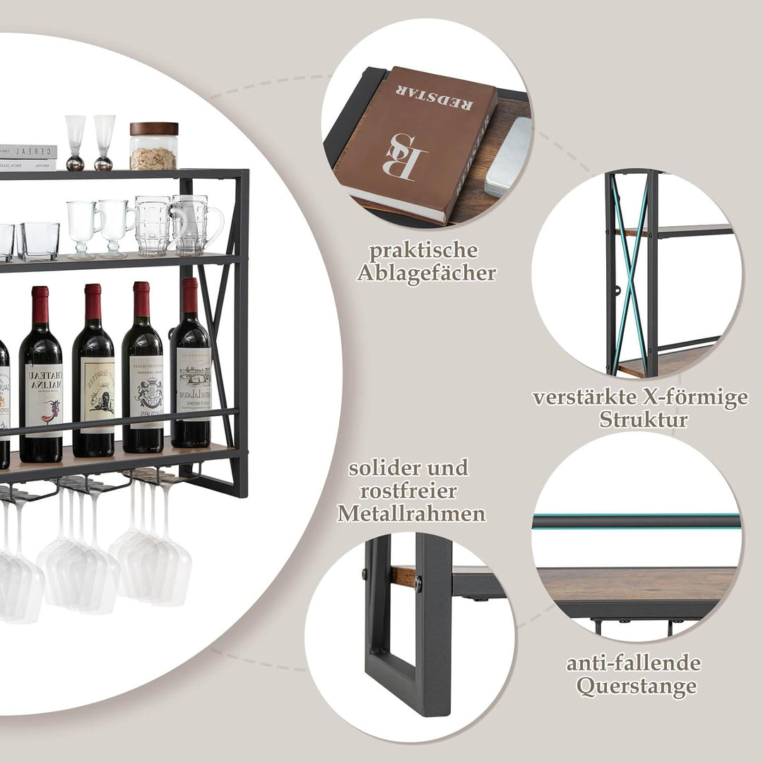 COSTWAY 3 Ebenen Weinregal Wand, Flaschenregal Holz mit Metallrahmen, mit 4 Reihen Weingläserhalter,