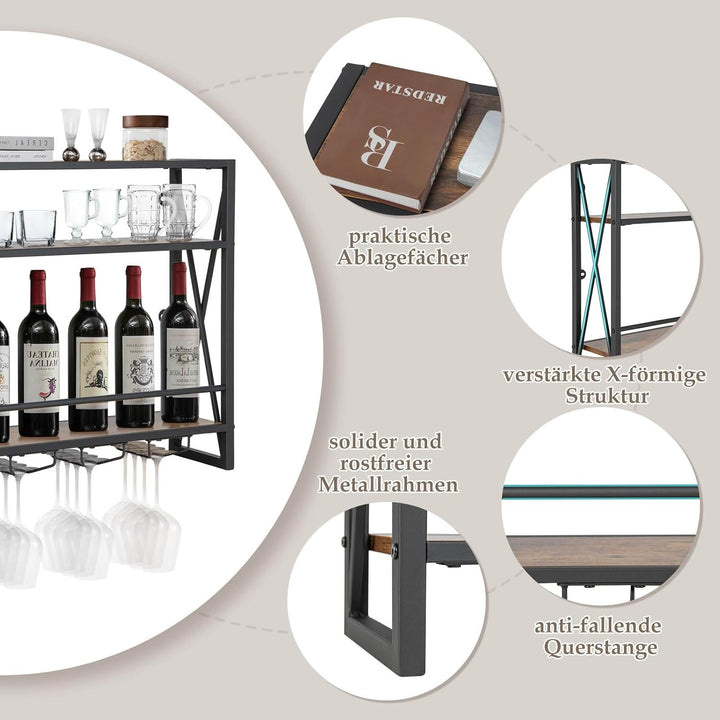 COSTWAY 3 Ebenen Weinregal Wand, Flaschenregal Holz mit Metallrahmen, mit 4 Reihen Weingläserhalter,