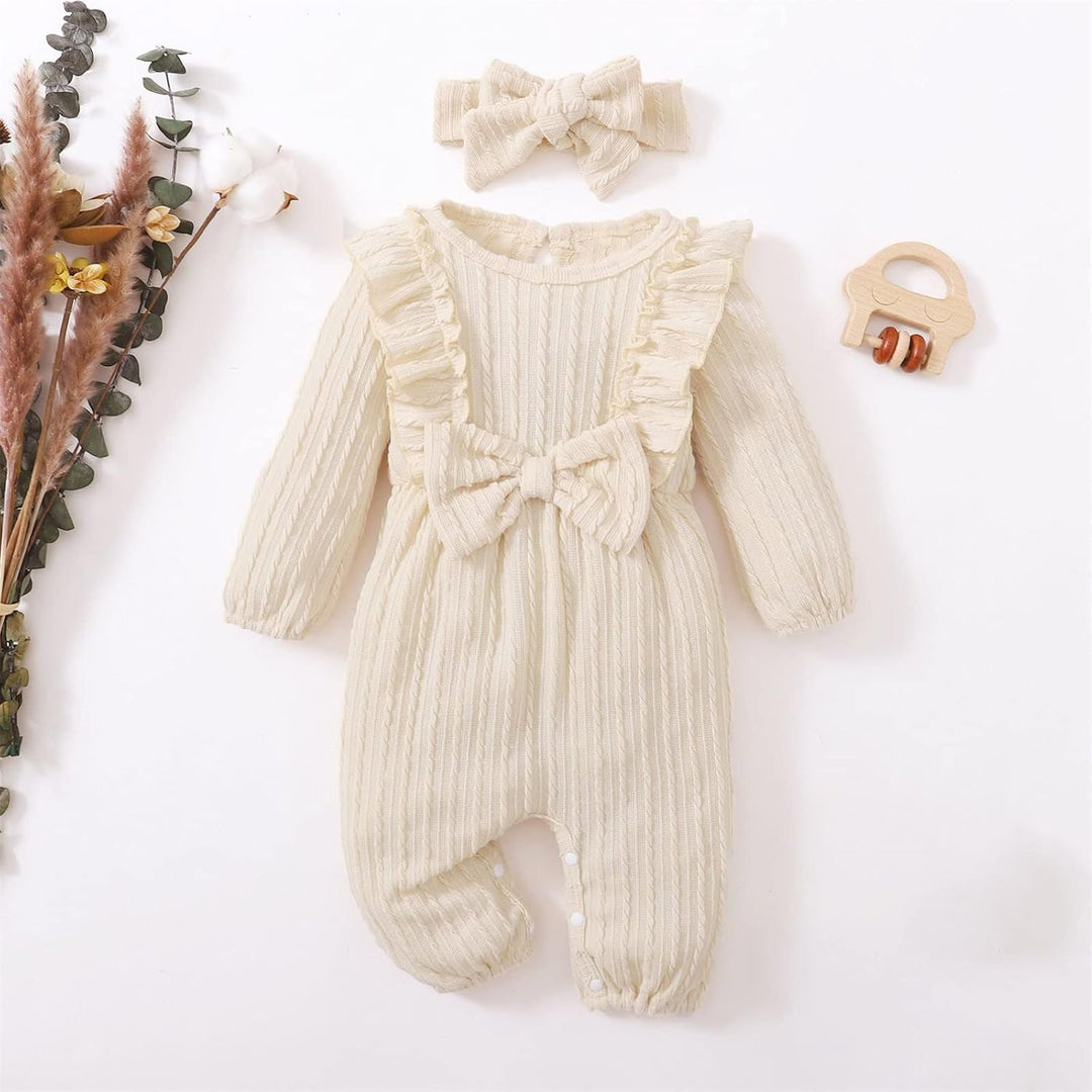 Neugeborene Kleidung für Mädchen Langarm-Overall-Stirnband-Set für Kleinkinder mit Textur und Schlei