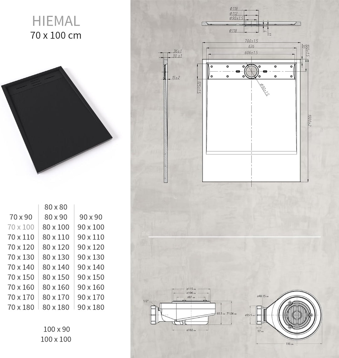 SMC Duschwanne HIEMAL 70x100 cm Schwarz RAL7021 extra flache robuste Duschtasse, ANTI-Rutsch-Oberflä