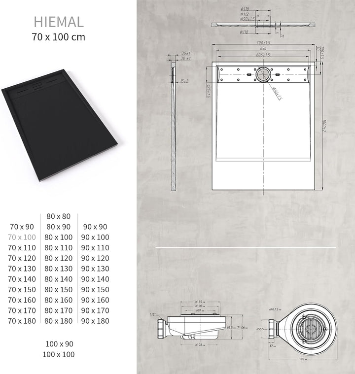 SMC Duschwanne HIEMAL 70x100 cm Schwarz RAL7021 extra flache robuste Duschtasse, ANTI-Rutsch-Oberflä