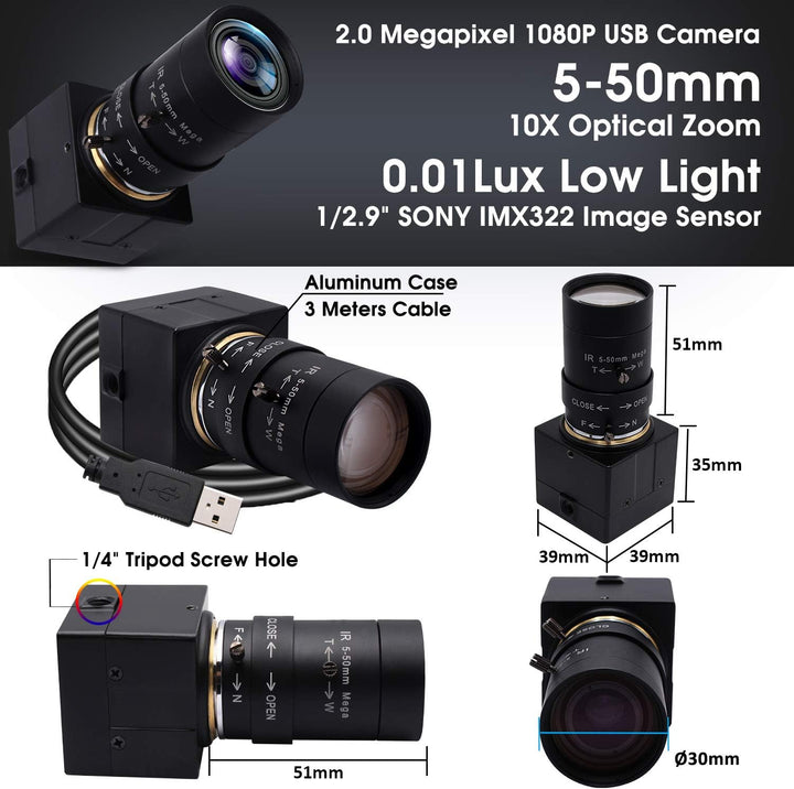 Svpro Mini USB Webcam 1080P FHD 0.01lux Low Illumination Kamera mit 5-50mm Optischem Zoomobjektiv US
