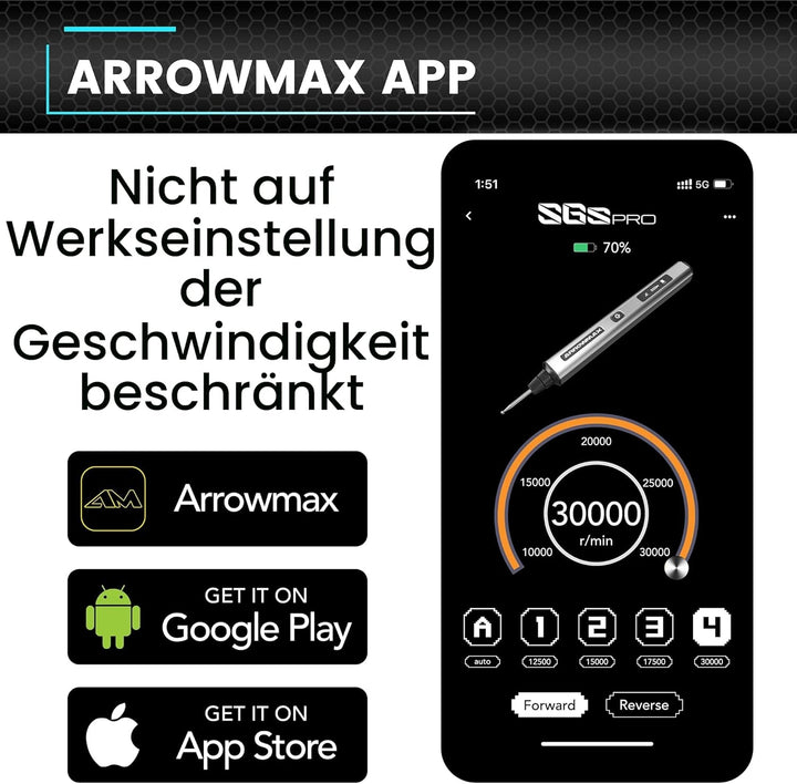 Elektrischer Mini-Gravierstift von ARROWMAX, HollowCup-Motor, 42 Bits mit Aluminiumgehäuse, OLED, ma