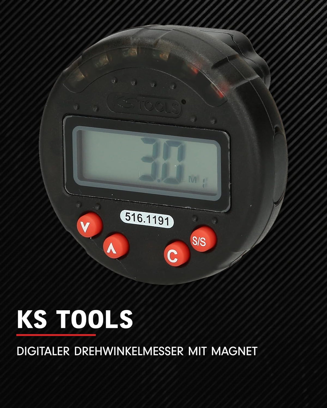 KS Tools Digitaler Drehwinkelmesser mit Magnet Ø 55,0 mm 516.1191 I Mit LED-Anzeige I Winkel Messger