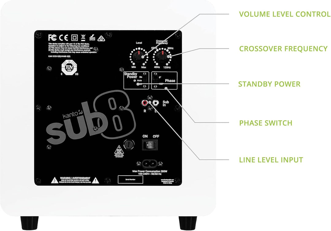 Kanto SUB8VMW Sealed Powered Subwoofer | 300W Peak Power | 8" Woofer | Matte White, Matte White