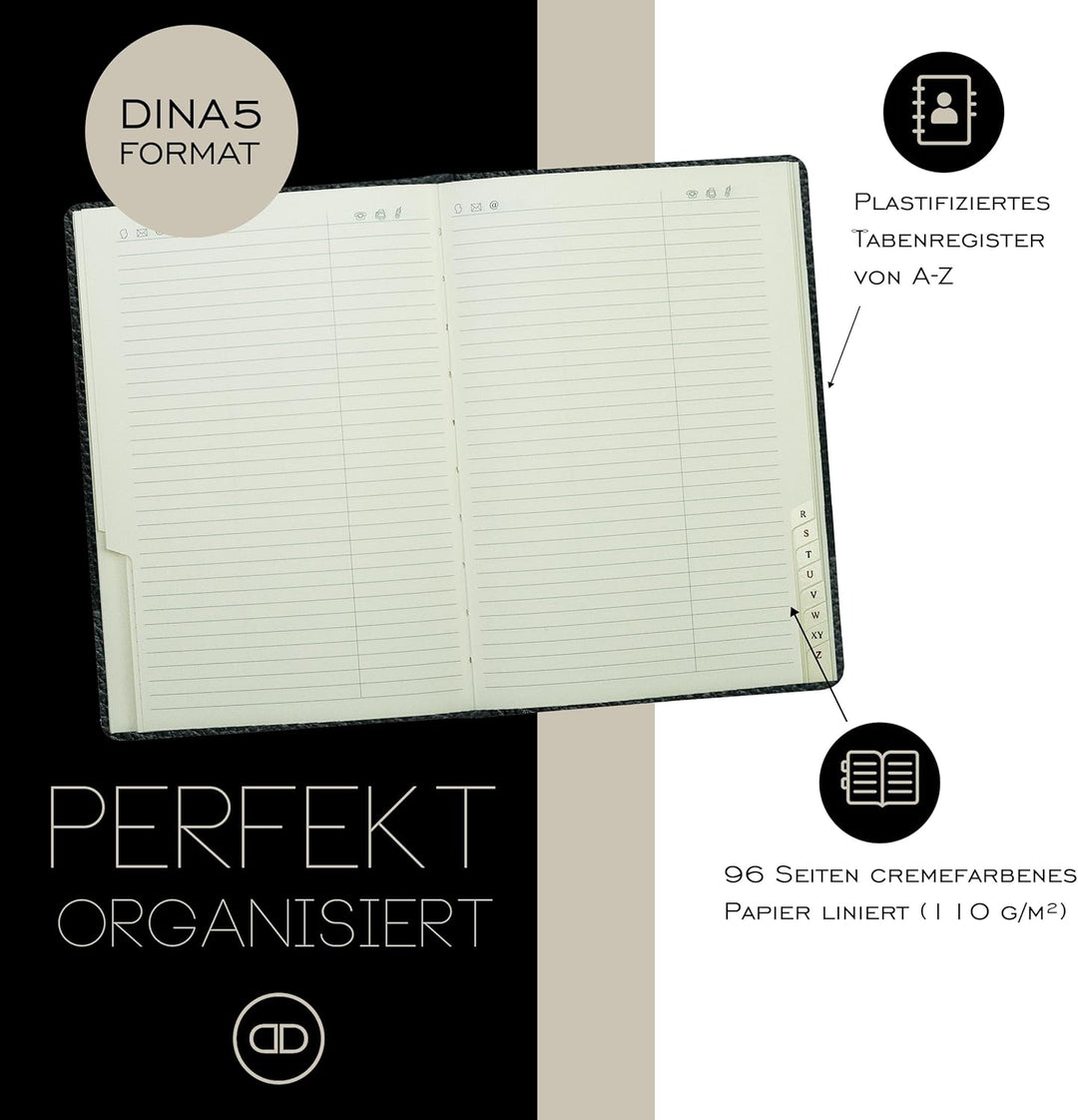 DELMON VARONE - Personalisierbares Adressbuch DIN A5 gebunden mit A-Z Register Softgrain Leder schwa