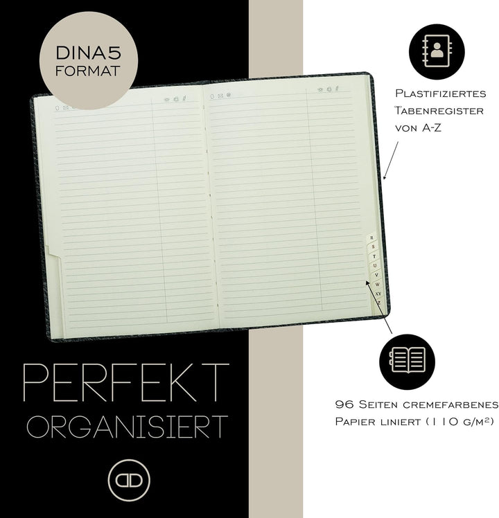 DELMON VARONE - Personalisierbares Adressbuch DIN A5 gebunden mit A-Z Register Softgrain Leder schwa