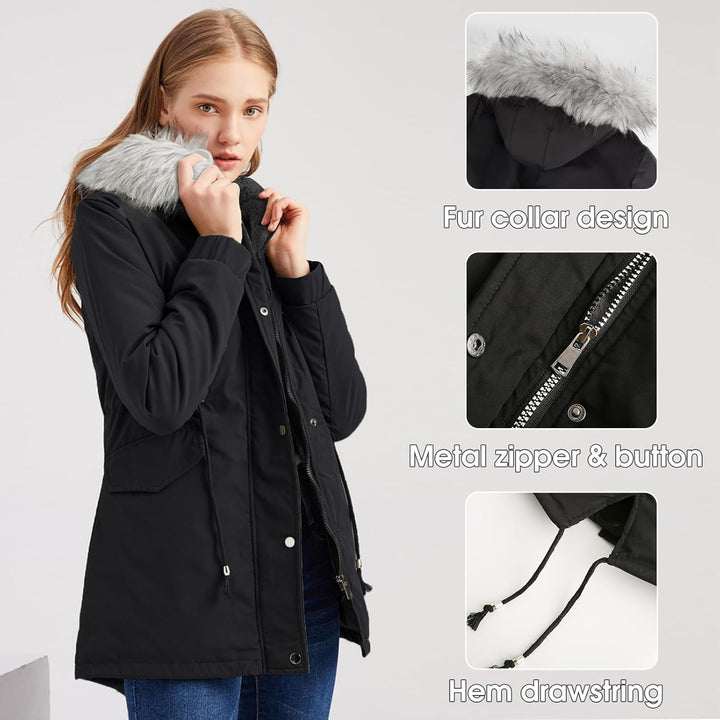 Tuopuda Jacke Damen Wintermantel mit Kapuze Reissverschluss Parka Mantel Langarm Hooded Jacket Schwa