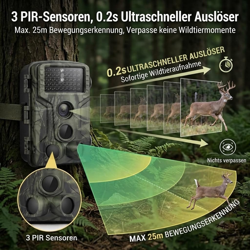 Wildkamera, 50MP 4K Wildtierkamera mit Bewegungsmelder Nachtsicht, IP65 Wasserdicht, Weitwinkel 120
