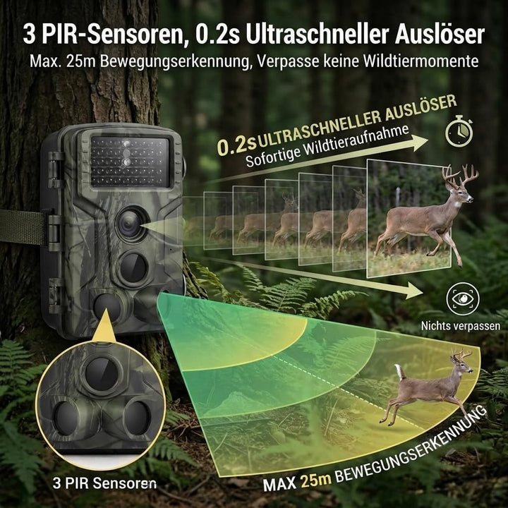 Wildkamera, 50MP 4K Wildtierkamera mit Bewegungsmelder Nachtsicht, IP65 Wasserdicht, Weitwinkel 120