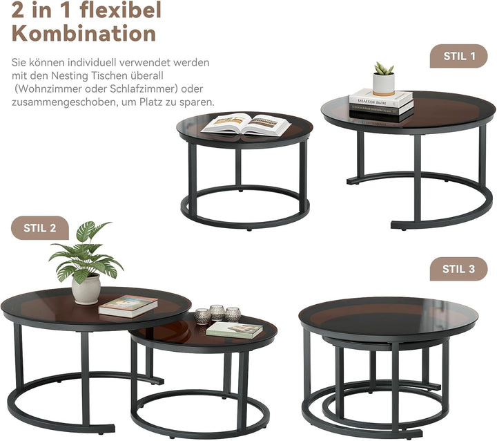 Hawthyhome 2 Stücke Beistelltisch Set rund, Moderne Kaffeetische, Couchtisch aus Glas mit Metallrahm