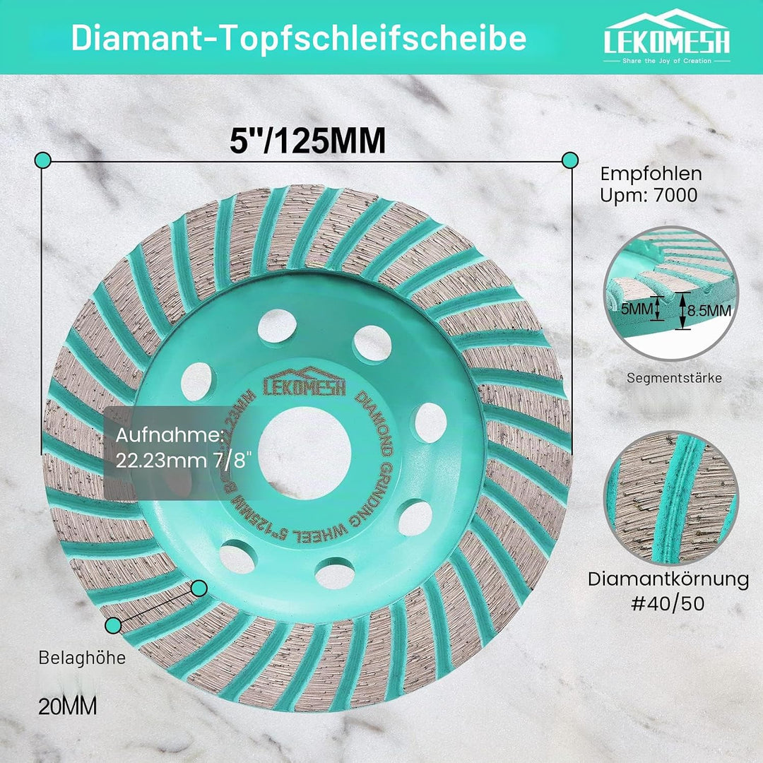 Diamant Schleifscheibe 125mm - Turbo-Segmente Diamant Schleiftopf für Beton, Granit, Marmor, Mauerwe