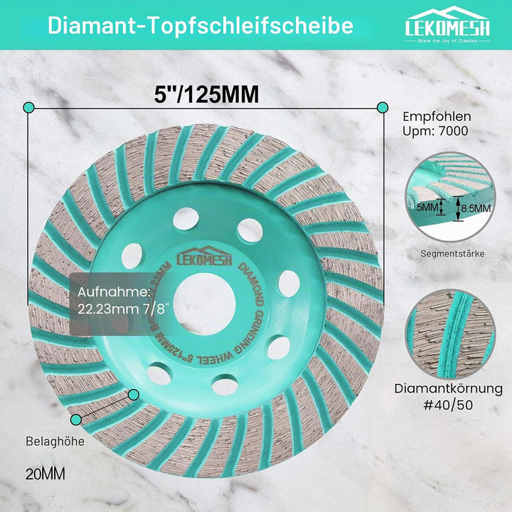 Diamant Schleifscheibe 125mm - Turbo-Segmente Diamant Schleiftopf für Beton, Granit, Marmor, Mauerwe