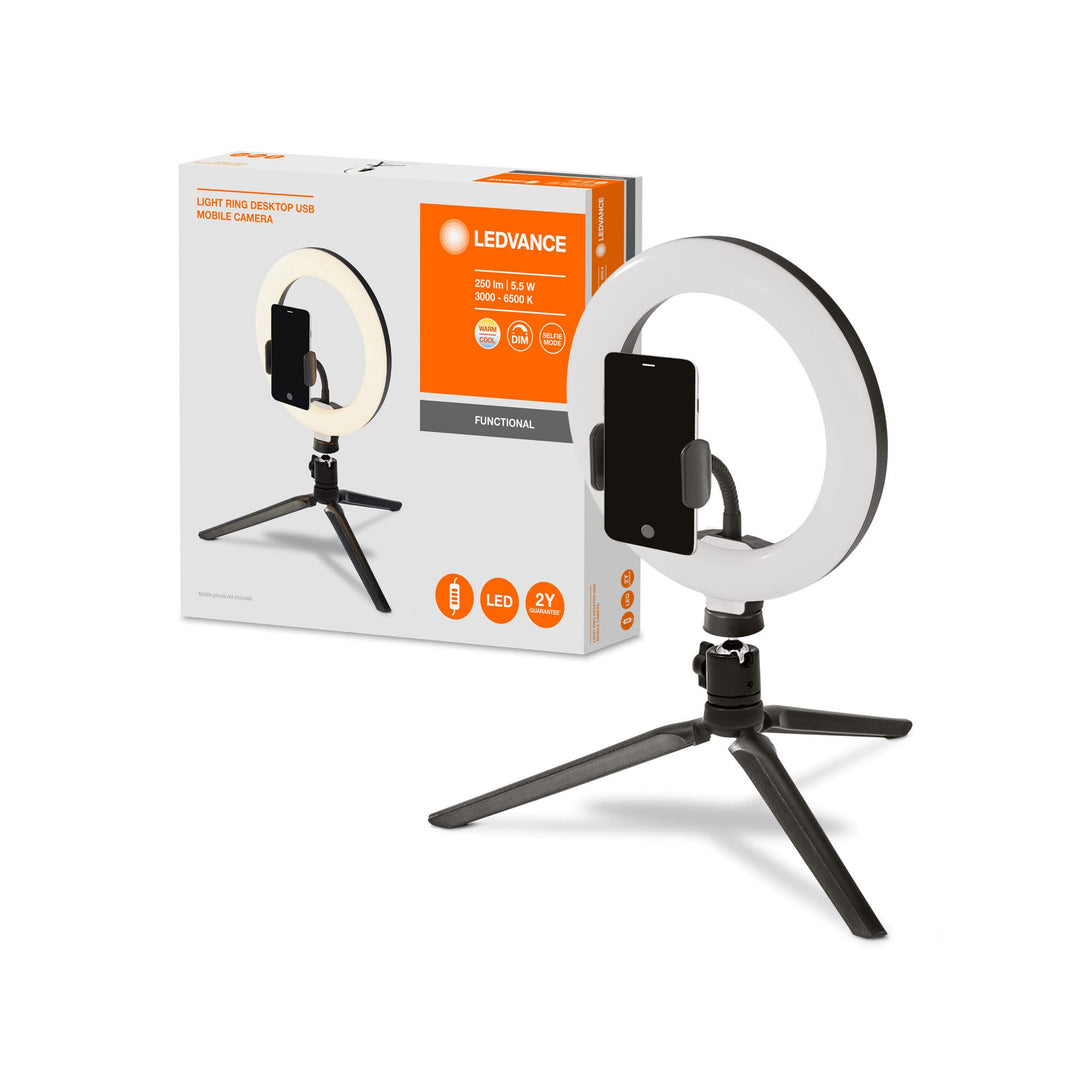 Ledvance LED Ringlicht mit Stativ 190mm mit USB Anschluss, 72 LEDs dimmbar, 3000-5800k, 10W-400-500
