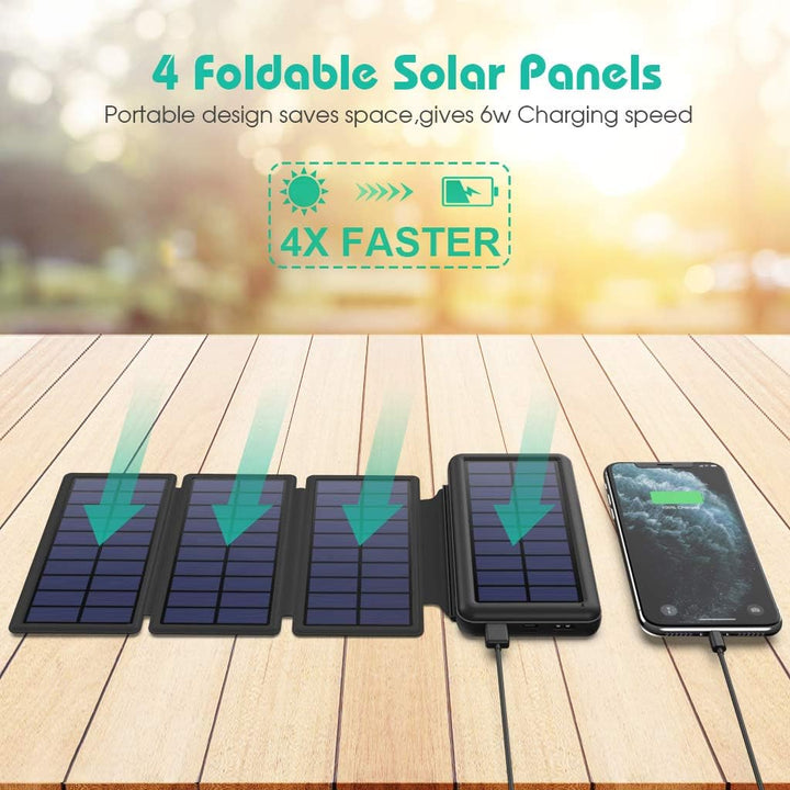 iPosible Solar Powerbank 26800mAh,Power Bank mit 4 Faltbar Externes Solarpanel Solarladegeräte 2 Aus