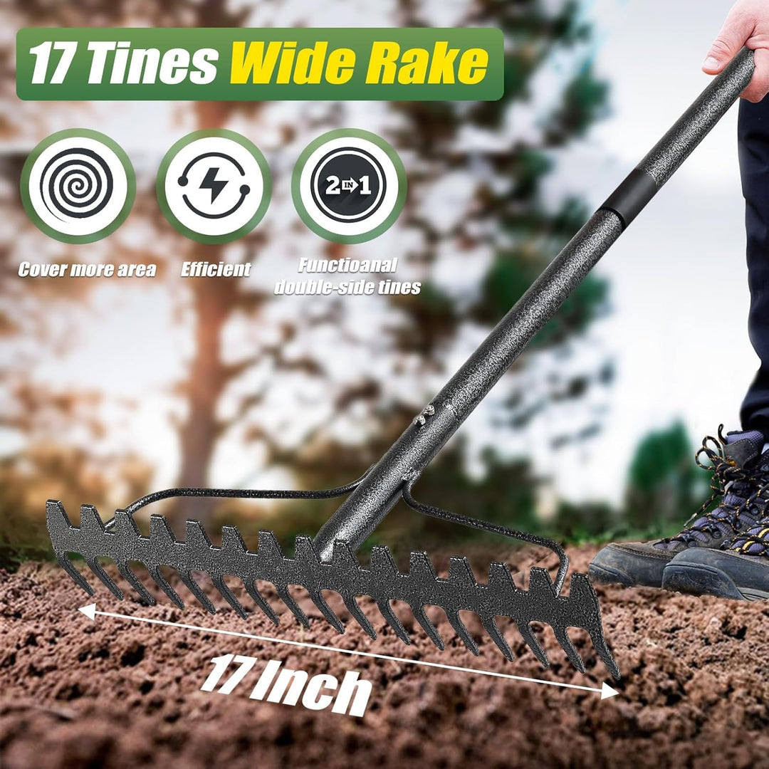 Gartenrechen mit 17 Zinken, Grossflächen Laubrechen mit breitem Kopf, Gartenharke Metall Schwerlast