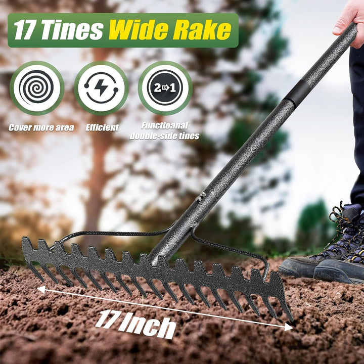 Gartenrechen mit 17 Zinken, Grossflächen Laubrechen mit breitem Kopf, Gartenharke Metall Schwerlast