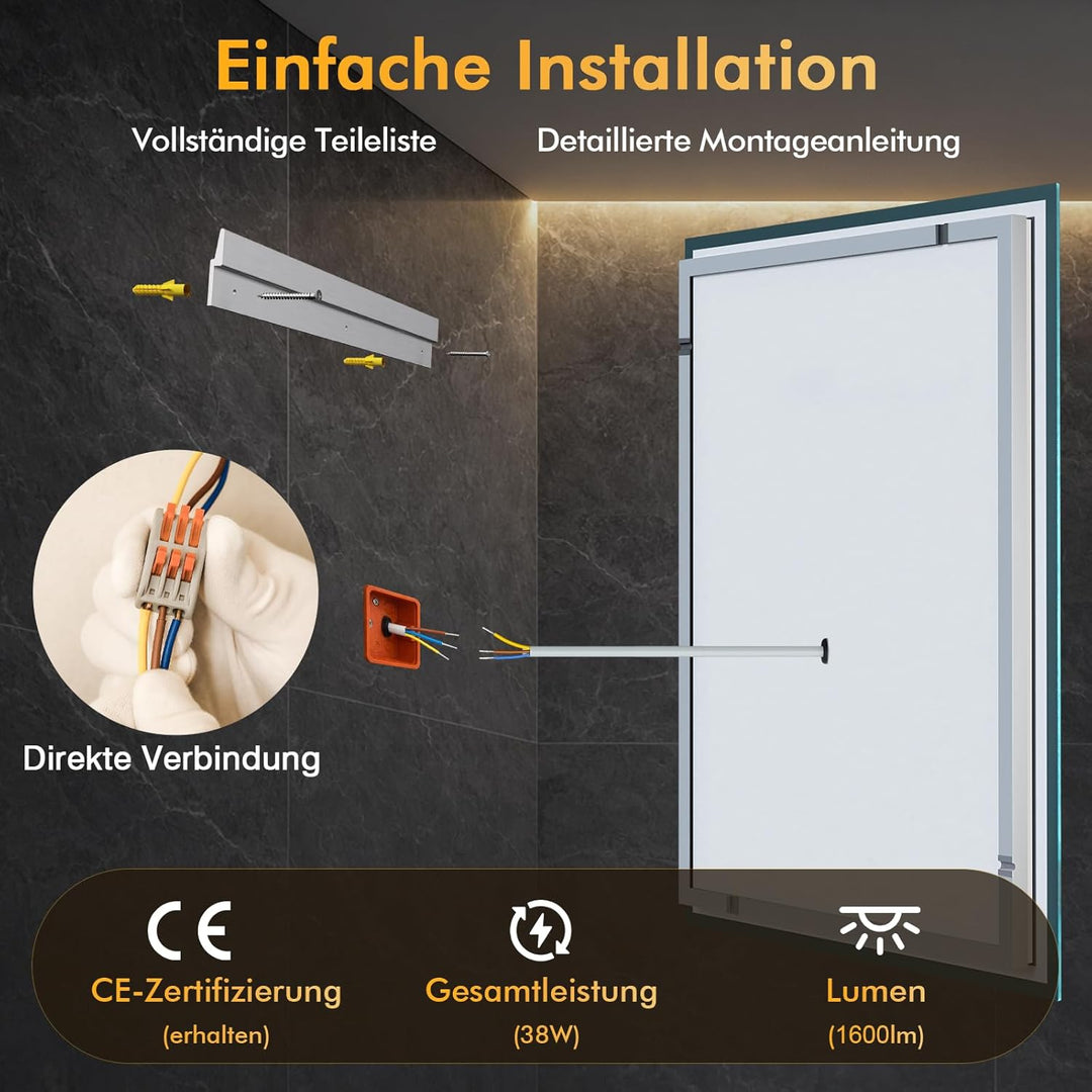 Badspiegel mit Beleuchtung, 50x70cm LED Spiegel mit Licht, 3 Farben Dimmbar, Antibeschlag, Memory-Fu
