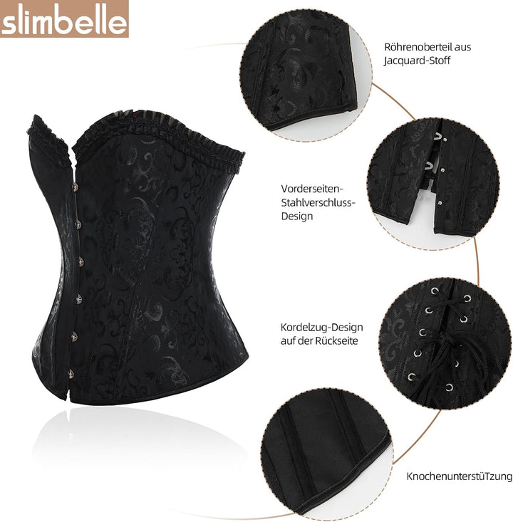 SLIMBELLE Damen Vintage Überbrust Korsett Klassische Bustier Stahlknochen Lace Up Sexy Top mit G-Str