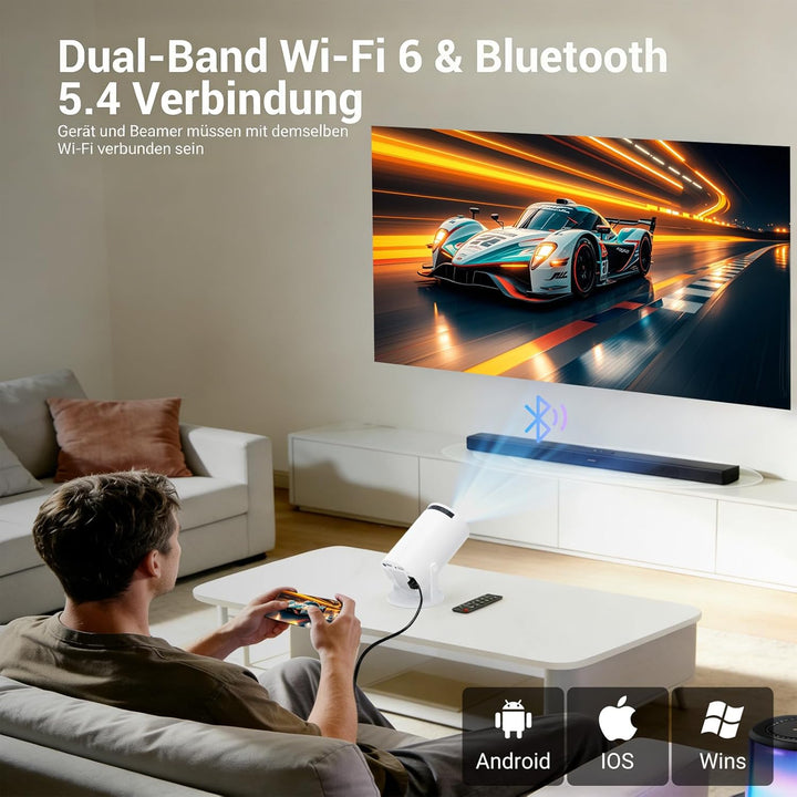 Mini Beamer,4K 1080P Smart Beamer,Projektor Tragbarer mit WiFi 6 und Bluetooth 5.4,Auto Trapezkorrek